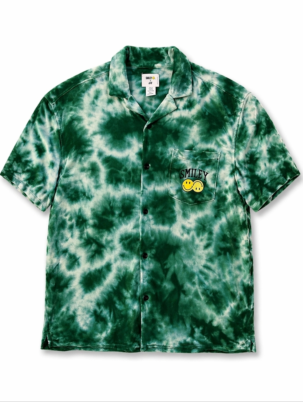 Smiley x H&M Men's Relaxed Fit Terry Resort Shirt Size M Green And White Tie-Dye
